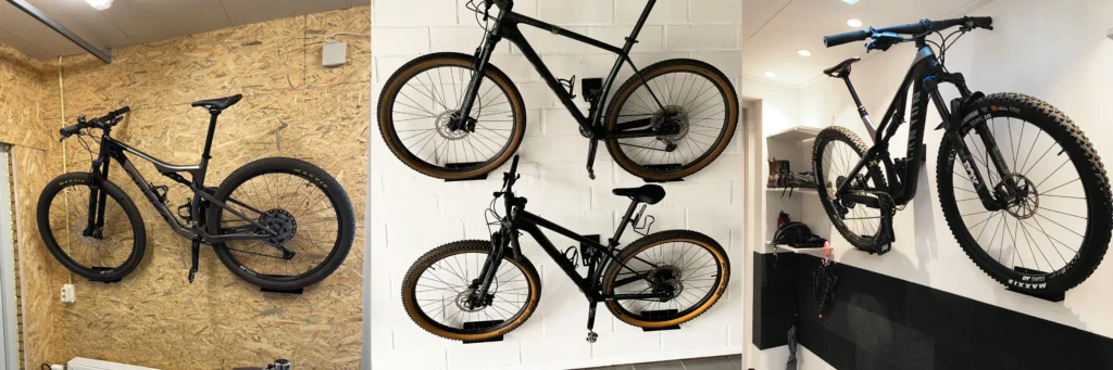collage van meerder mountainbikes die zijn opgehangen met de Flowter Trapper Hanger